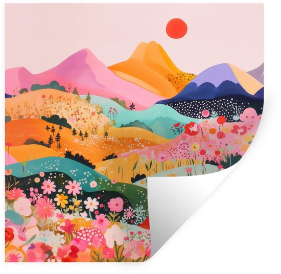Paysage montagneux abstrait avec un soleil rouge et de nombreuses fleurs colorées en rose, orange, vert et bleu.