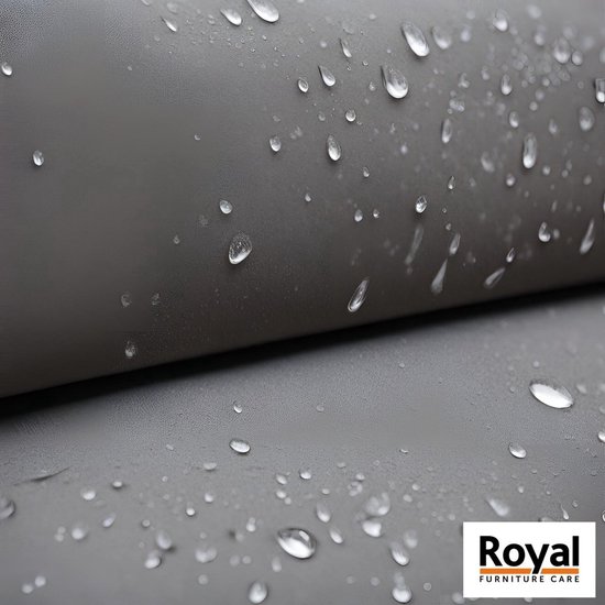 Grijze stof met waterdruppels erop, Royal Furniture Care logo.