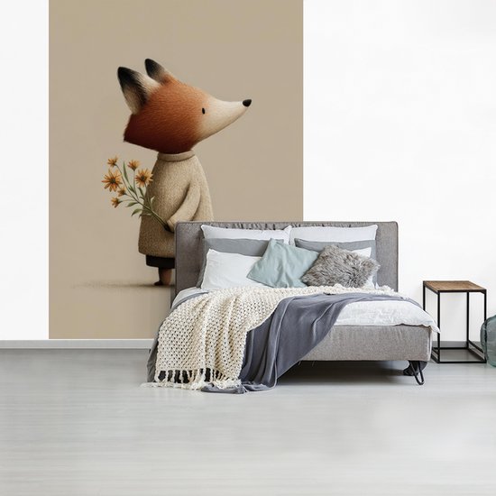Behang - Fotobehang Vos - Gele bloemen - Minimalistisch - Breedte 195 cm x hoogte 260 cm
