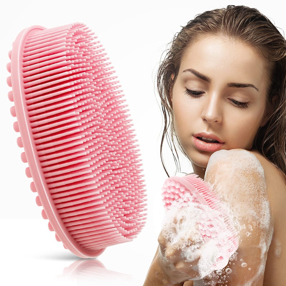 Siliconen Badborstel - Zachte Lichaamsborstel - Exfoliërende Doucheborstel - Loofah Borstel - Hoofdmassageborstel - 2 in 1 Shampoo Borstel - Voor Vrouwen Mannen Alle Huidtypes - Roze