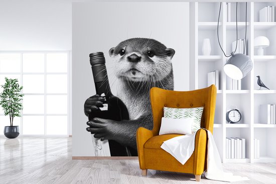 Behang - Fotobehang Wijnfles - Otter - Zwart - Breedte 190 cm x hoogte 260 cm