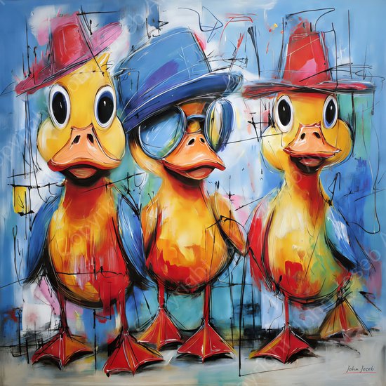 JJ-Art (Toile) 60x60 | Poussins fous drôles, oiseau, avec lunettes et chapeau, humour, abstrait, coloré, art, carré, poussin, oiseau, canard, rouge, jaune, bleu, blanc, moderne | Impression sur toile Photo-Painting (décoration murale)
