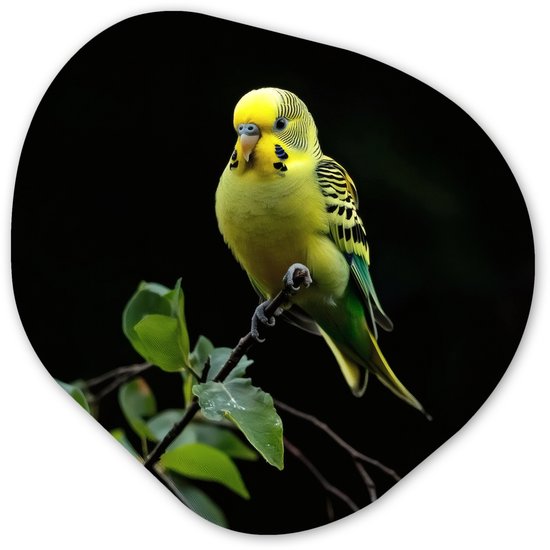 Organische wanddecoratie 40x40 cm - Organisch schilderij Parkiet - Tak - Bladeren - Geel - Muurdecoratie woonkamer - Kamer decoratie - Schilderijen - Muurcirkel aesthetic