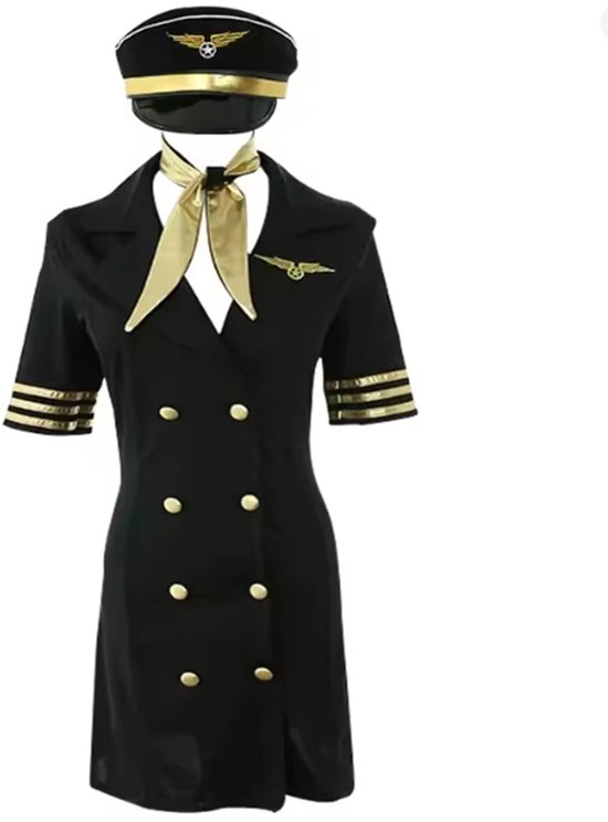 Piloot / stewardess verkleedkleding - 4-delige set - dames - sexy verkleedset - erotisch verkleden - cosplay - volwassen kostuum - carnaval - themafeest - rollenspel