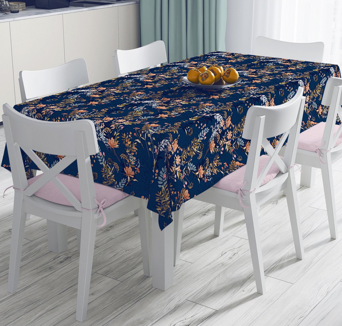 Bedrukt Velvet textiel Tafelkleed 135x260 - Bloemen op donkerblauw - Fluweel - Tafelkleden - Tafellaken