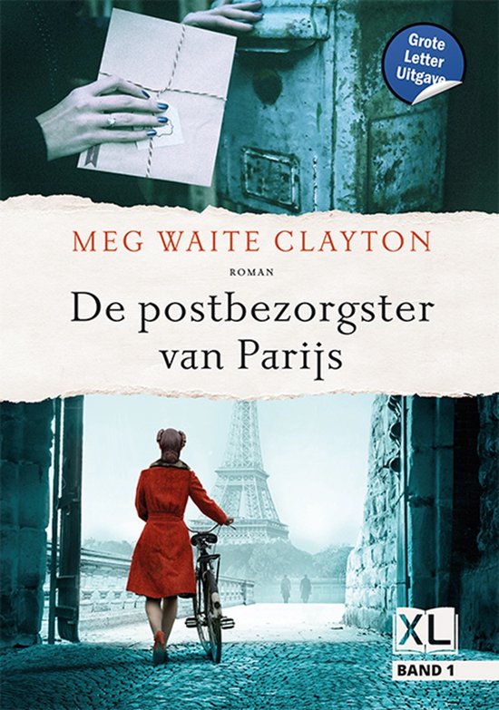 Boek "De postbezorgster van Parijs" met "Grote Letter Uitgave" en "XL BAND 1" logo's. Een vrouw in rode jas met fiets, Eiffeltoren op achtergrond.
