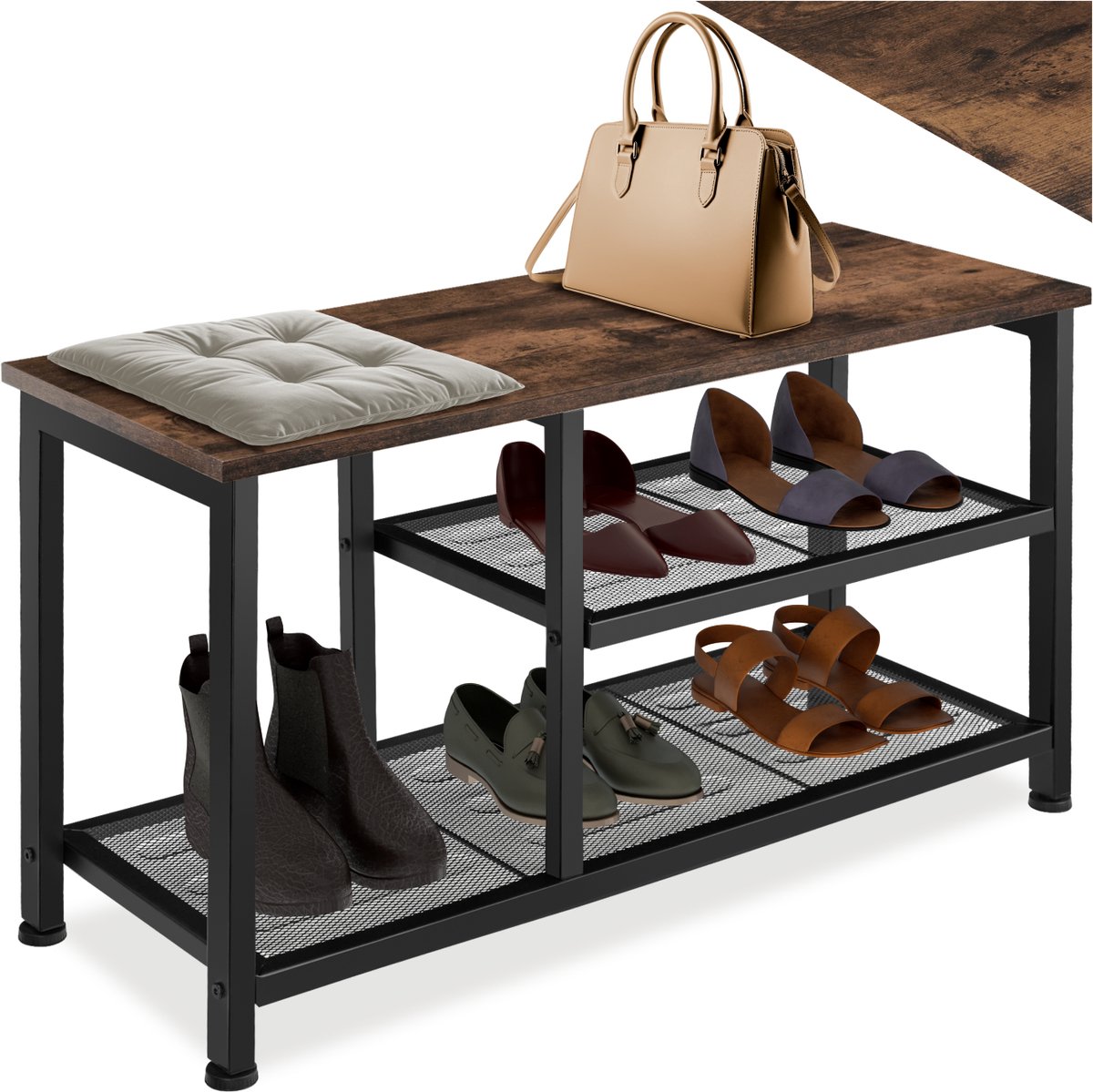 tectake® Smal schoenenrek met zitje - 3 niveaus van 1 zitje en 2 roosterplanken - Schoenenbank van hout en metaal - Industrieel design - Zwart metalen frame - Afmeting (LxBxH) 80 x 30 x 45,5 cm - Donkerbruin