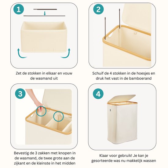 Alles & Co. XXL Wasmand 141 Liter - 3 Vakken Wassorteerder - Met Uitneembare Waszakken - Bamboe & Beige
