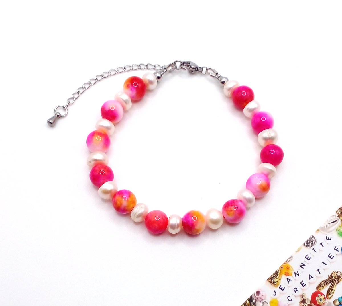 Jeannette-Creatief® - Zoetwaterparel - Sweet Pink - Parelarmband - Natuursteen - Natuursteen roze watercolour - Zoetwaterparels - Bohemien - IBIZA - Sieraden met parel - Parelsieraden - Natuursteen armband - Parelarmband - Valentijn - Moederdag