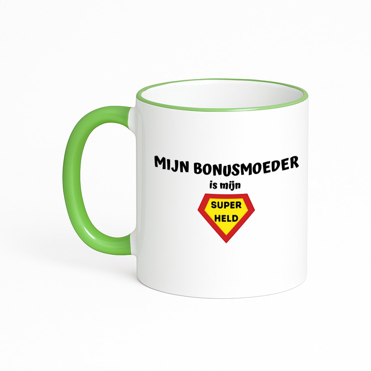 Hacebo® - mijn bonusmoeder is mijn superheld koffiebeker met gekleurde rand groen - Mama - super bonusmoeder - thee mok - koffie beker - Moeder cadeautjes - moederdag - verjaardag - geschenk - kado - koffiemok - 330 ML