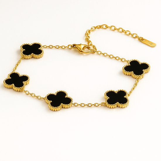 Estacks - Bracelet de Luxe - Bracelet trèfle doré - bracelet femme or - Trèfle noir 5 pièces -