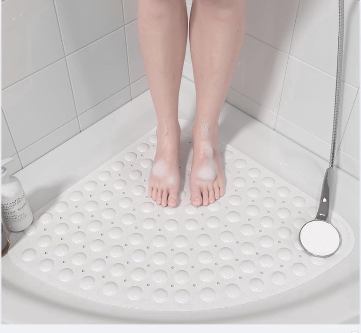 QPFO® Douchemat antislip kwartcirkel halfrond - met zuignappen en afvoergaten - 54x54 cm - machinewasbaar - wit