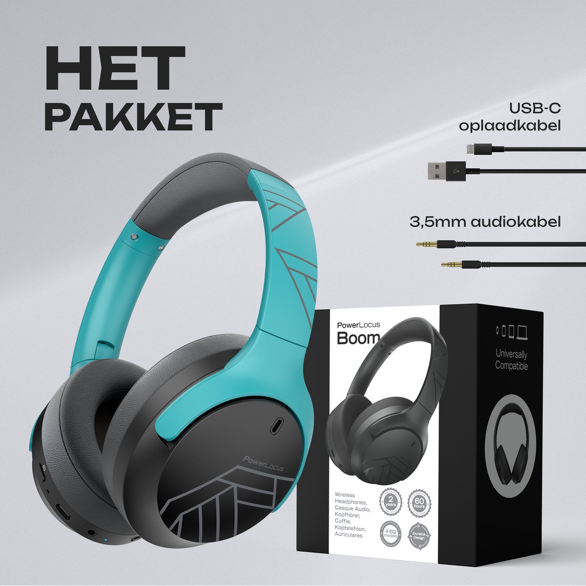 PowerLocus Boom - Koptelefoon Bluetooth - 60 uur batterijduur – Over Ear Koptelefoon Draadloos – 4 EQ-modi - Met Microfoon - Mint/Grijs – foto 7