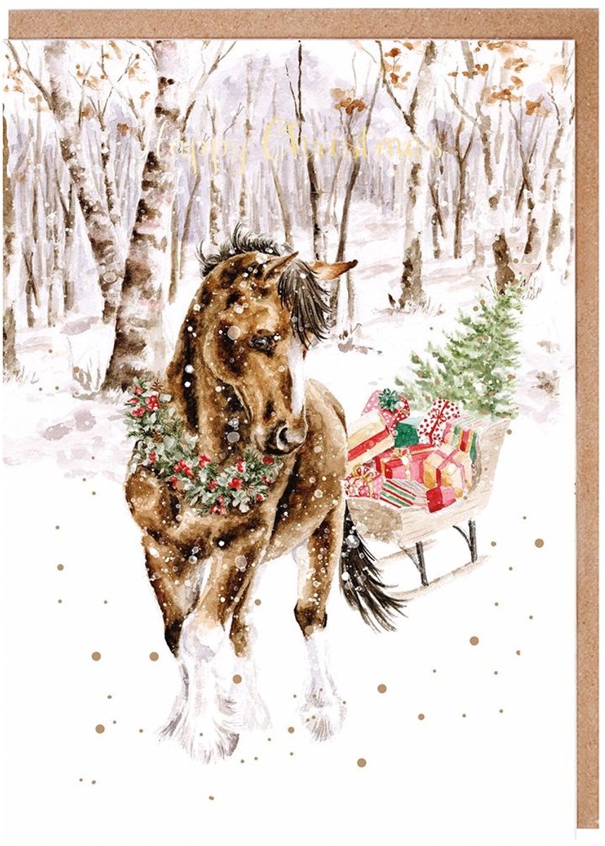 Wrendale Kerstkaarten Notepack - 8 stuks - 'Snowy Sleigh Ride' horse Christmas Card Pack
