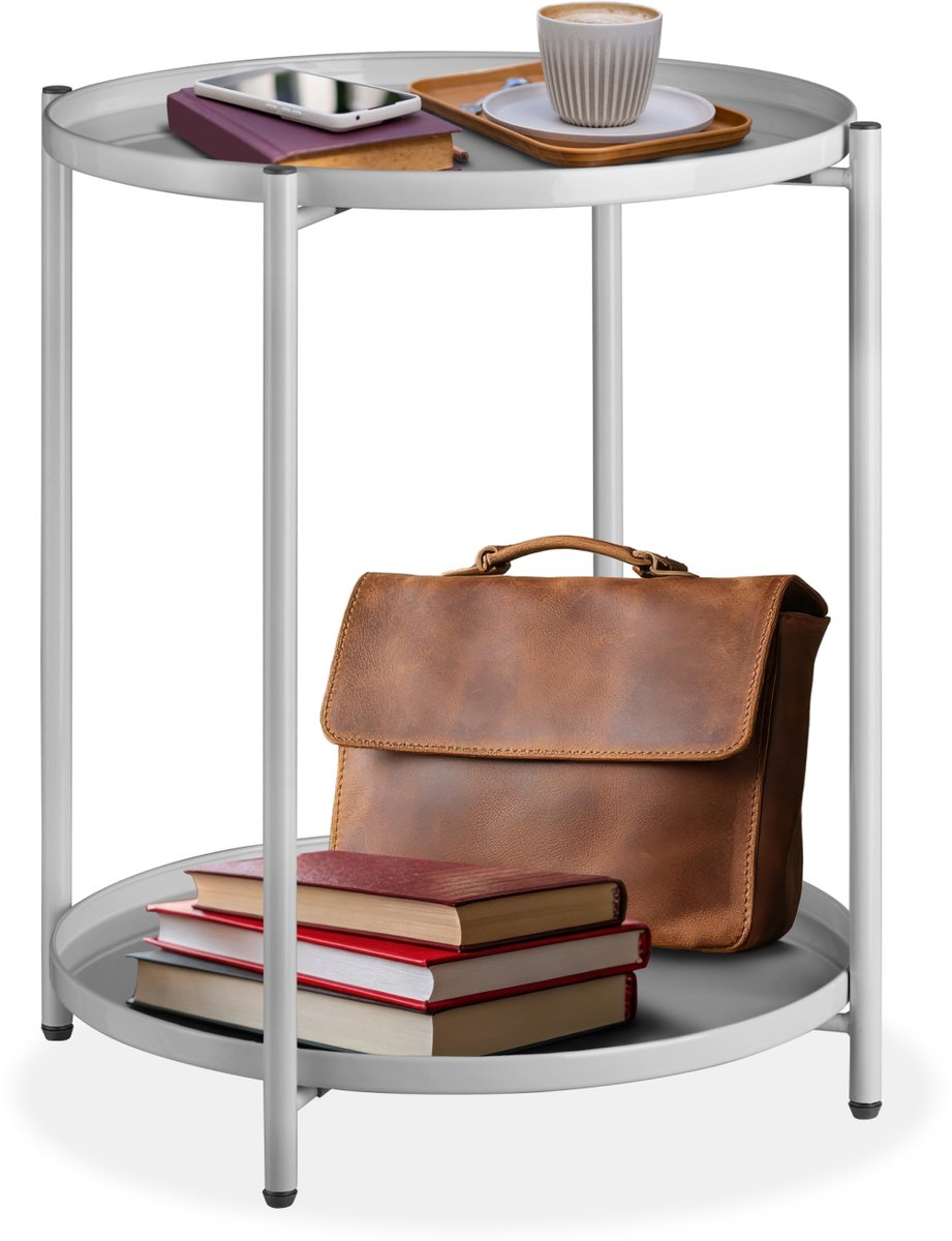 tectake® Ronde bijzettafel van metaal - Kleine salontafel met twee niveaus - 2 afneembare dienbladen - Rustiek - Delicaat design - Draagkracht 60 kg - Afmeting (ØxH) Ø 45,5 x H 53 cm - Lichtgrijs