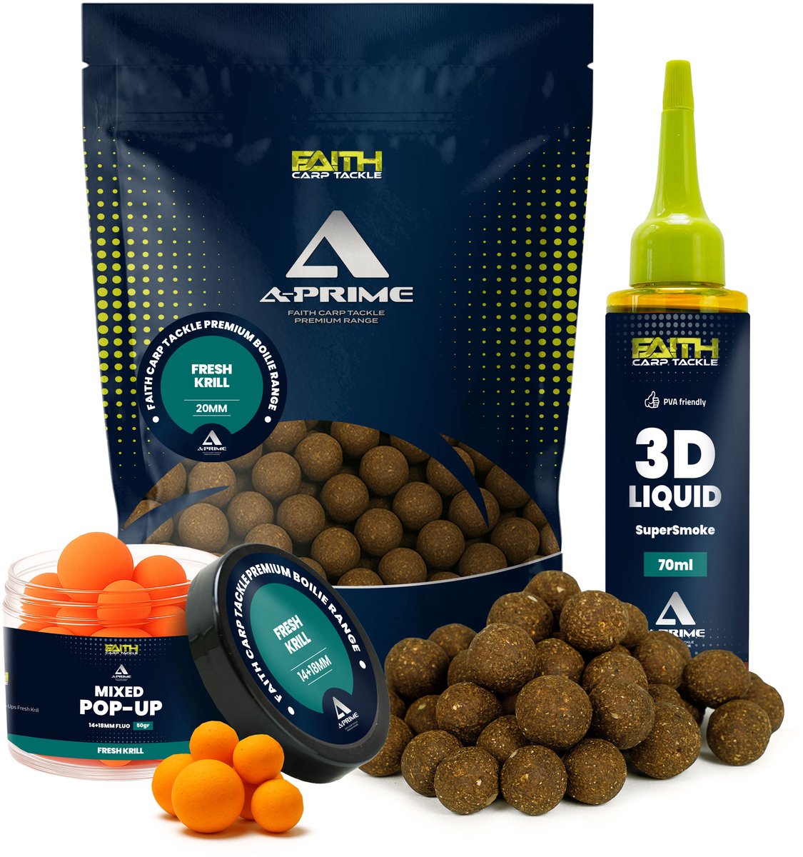 Faith A-Prime Boilie combi deal Fresh Krill - Boilies - Karpervissen - Karper aas - Pop ups - Liquid bait Smoke