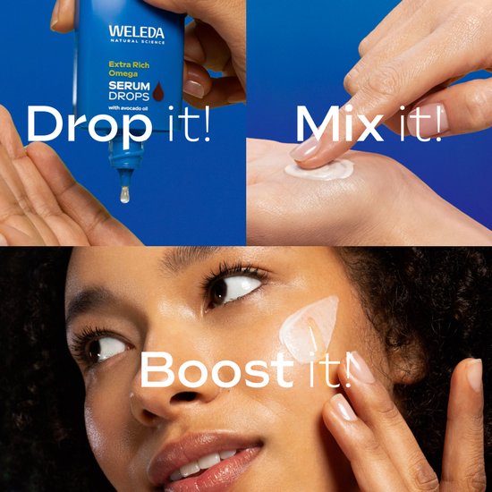 Collage: Druppel serum uit flesje, crème mengen op hand, vrouw brengt serum aan op gezicht. Teksten: 'Drop it!', 'Mix it!', 'Boost it!'.