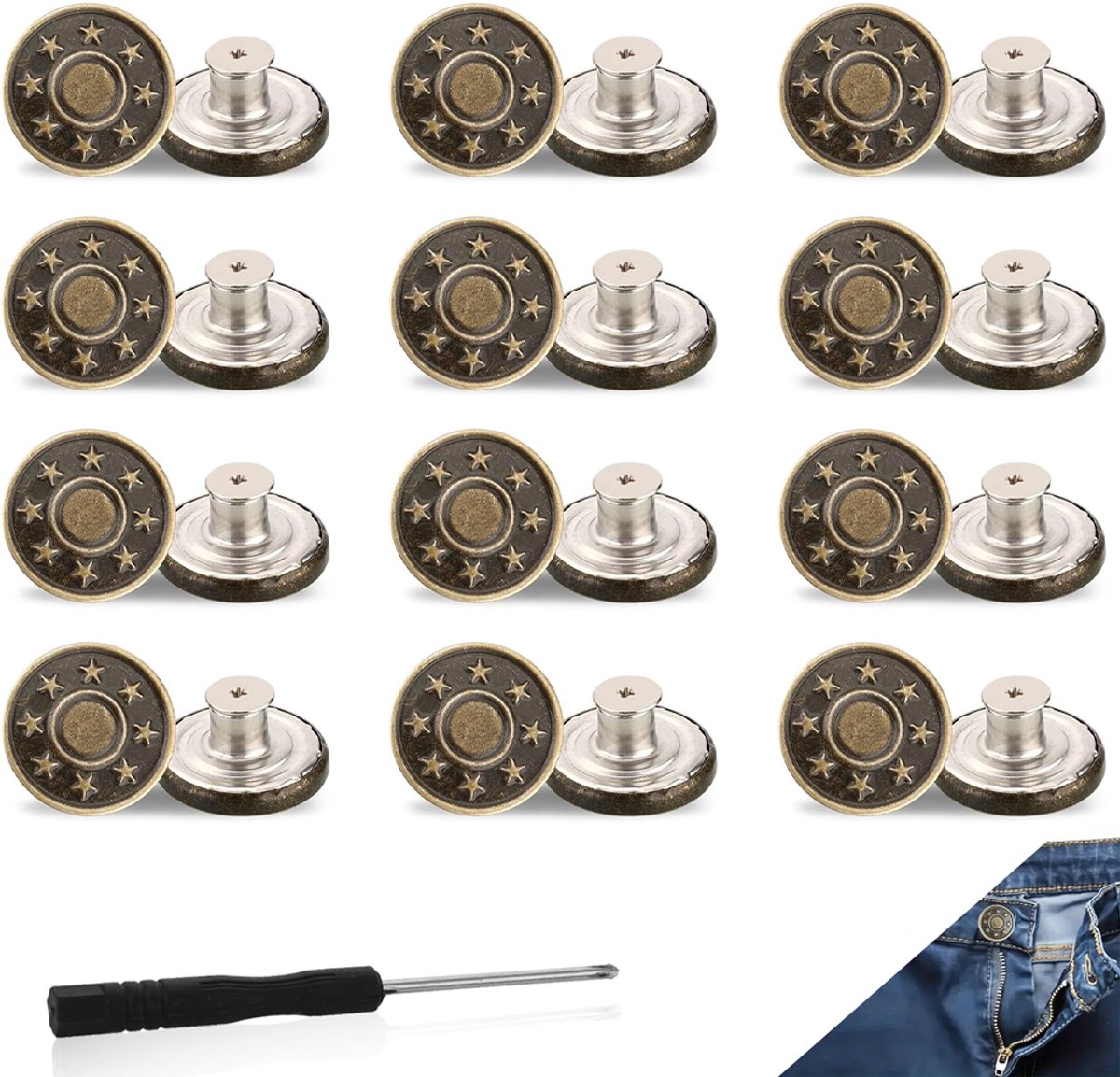 Qianyu 12 stuks vervangende knopen knopspelden 17 mm zonder naaien, verstelbare messing jeansknopen, steken met schroevendraaier, doe-het-zelf metalen broekknopen voor reparatie van jeans (Bronze Star