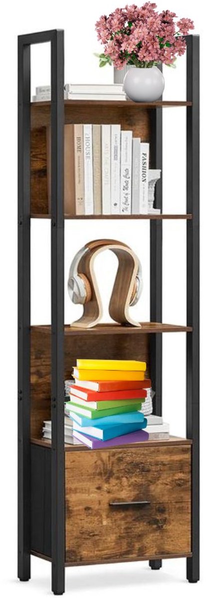 Signature Home Boekenkast met 5 lagen - hoekkast met lade - industrieel kast - stalen frame voor woonkamer - thuiskantoor - slaapkamer - bruin/zwart - 24 x 40 x 165 cm