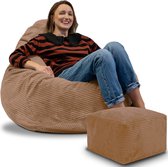 Pouf DreamRoots pour Adultes ou Enfants – Pouf en velours côtelé avec repose-pieds et housse amovible – Rembourrage inclus – 90 x 90 x 100 cm – Ours brun