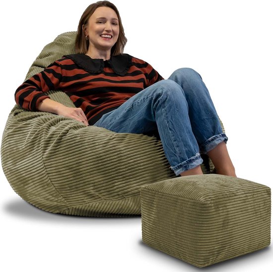 DreamRoots Zitzak voor Volwassenen of Kinderen – Corduroy Beanbag met Voetsteun en Afneembare Hoes – Inclusief Vulling – 90x90x100 cm – Dark Olive