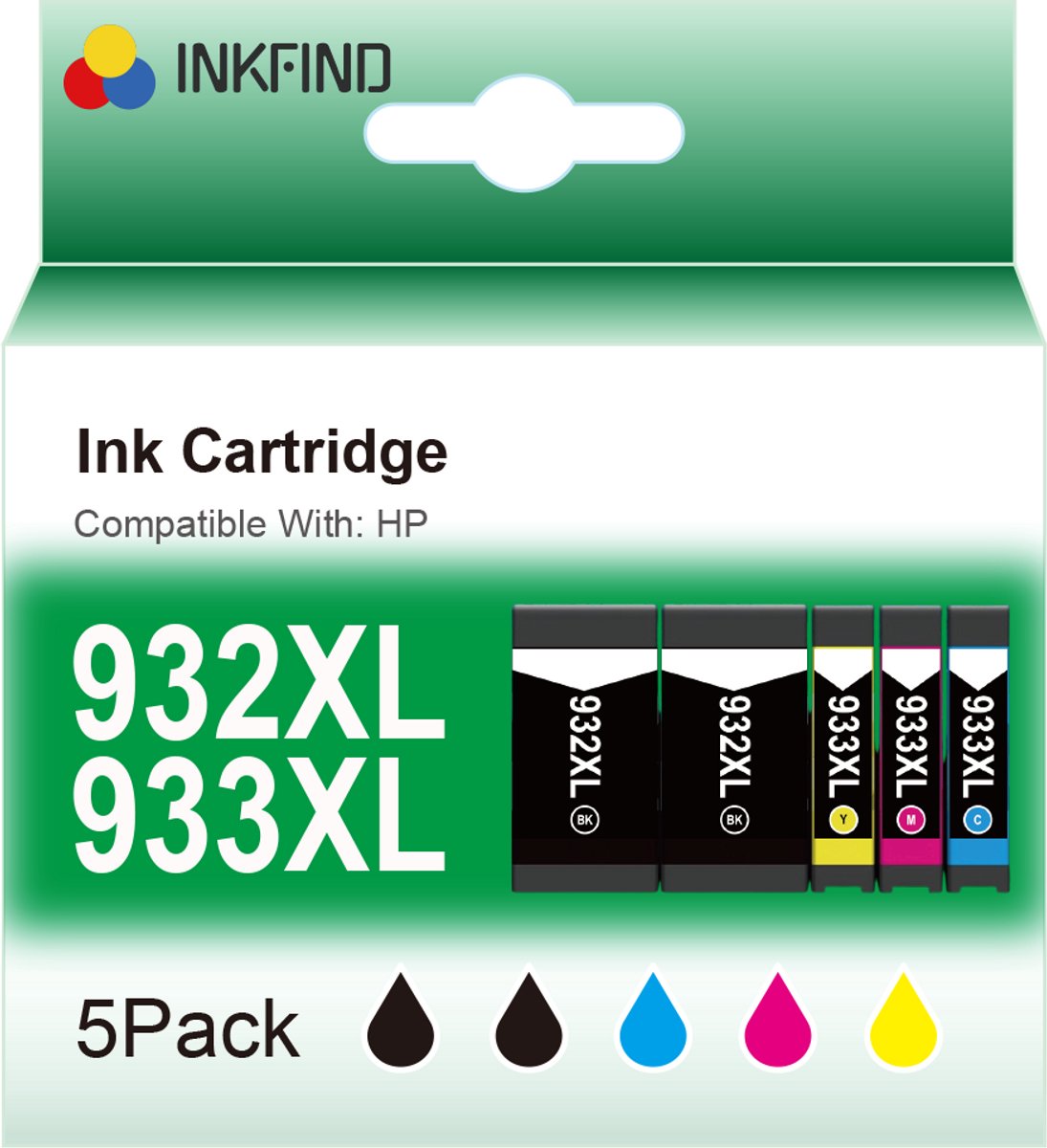 INKFIND 932XL 933XL inktcartridges voor HP 932 HP932 HP933 HP 933 HP932XL HP 932XL HP933XL HP 933XL inktcartridge multipack van 5 stuks (2 x zwart, 1 x cyaan, 1 x magenta, 1 x geel) voor HP OfficeJet 6100, 6600, 6700, 7110,7610, 7612, 8620