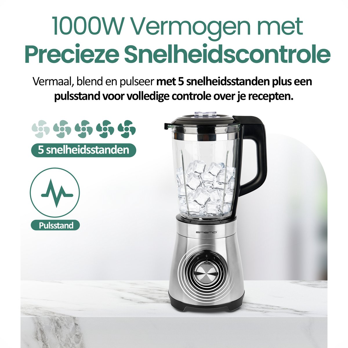 Emerio Blender 1.75L - 1000W Smoothie Maker met 5 Snelheden en Glazen Kan - RVS Messen en Vaatwasmachinebestendig - Blender-to-Go - BL-126794 – foto 2