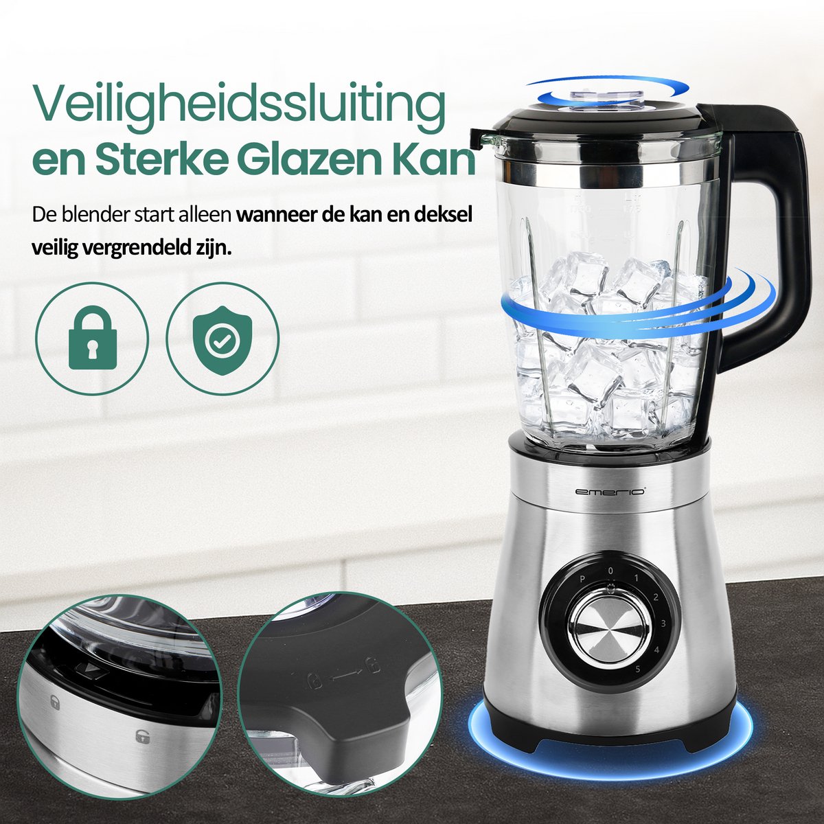 Emerio Blender 1.75L - 1000W Smoothie Maker met 5 Snelheden en Glazen Kan - RVS Messen en Vaatwasmachinebestendig - Blender-to-Go - BL-126794 – foto 4