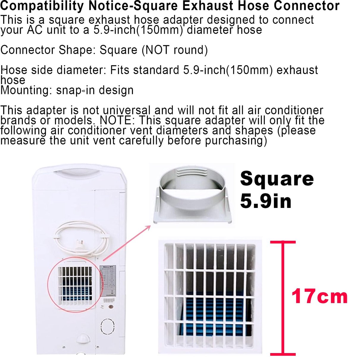 5,9 inch draagbare airconditioning-afvoerslangkoppeling, vierkant naar rond, raamadapter voor mobiele airconditioning - niet universeel, controleer compatibiliteit – foto 5