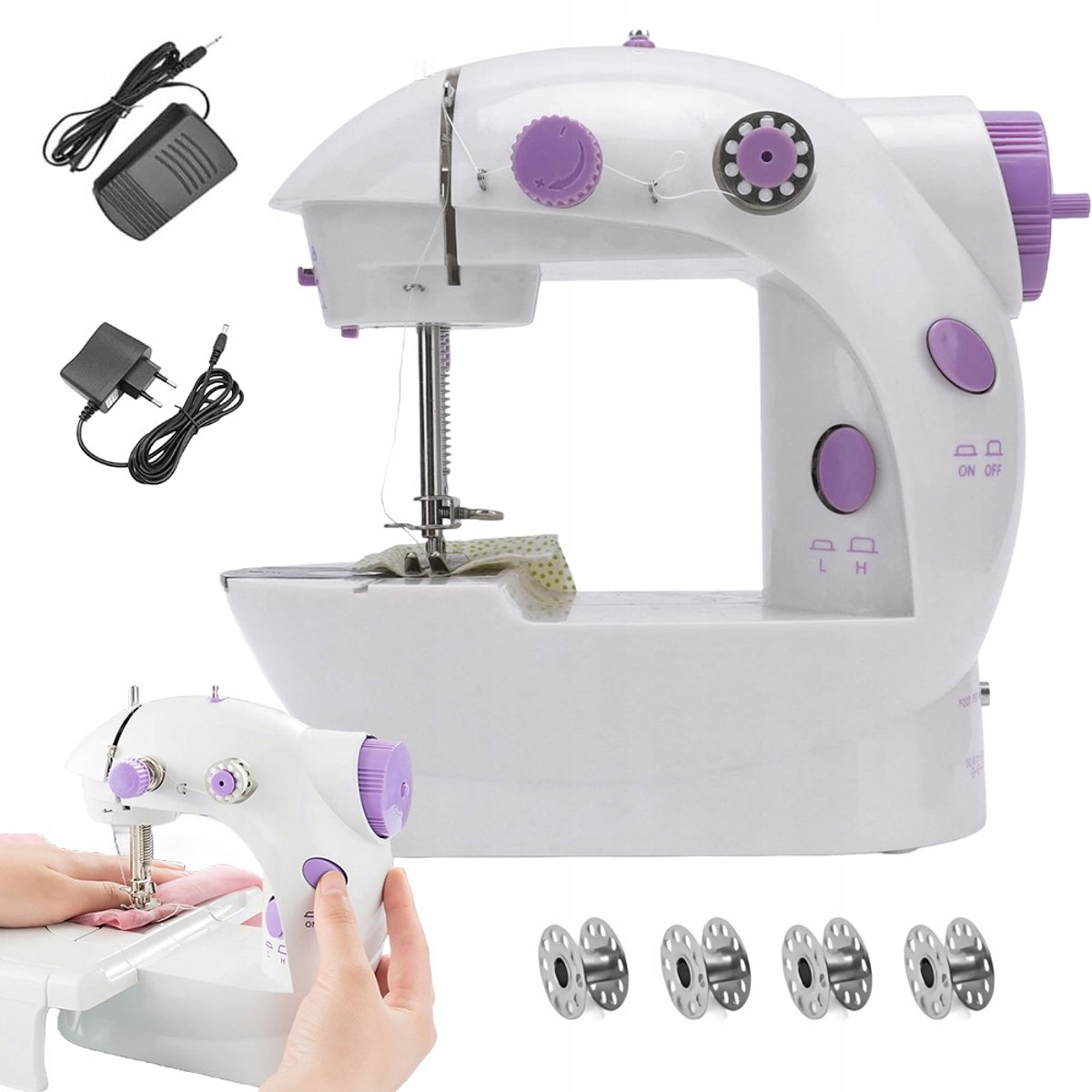 Mini elektrische naaimachine - Twee snelheden - Voetpedaal - Tweenaaldsysteem - Handmatige/automatische bediening - Inclusief bonusaccessoires - Perfect voor snelle reparaties en kleine naaiprojecten