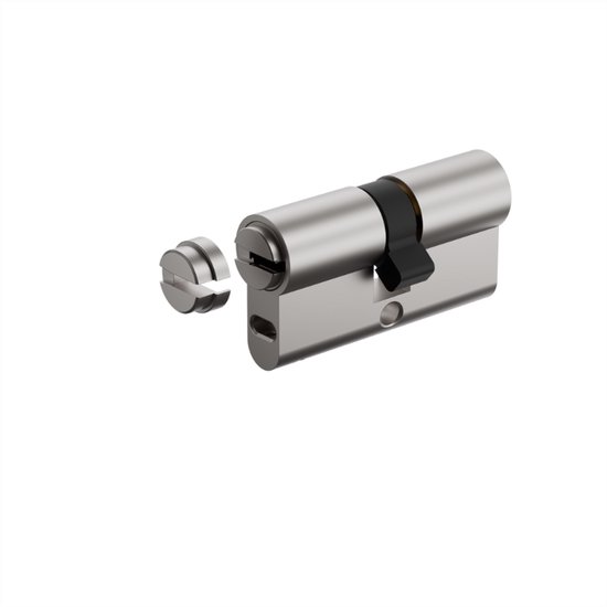 Zilverkleurige slotcilinder met losse dop aan de zijkant.