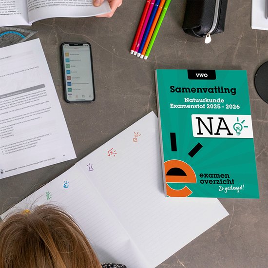Samenvatting Natuurkunde VWO examenstof 2025-2026. Turquoise kaft met oranje 'e' en tekst 'examen overzicht'.