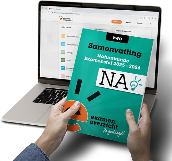 Samenvatting Natuurkunde VWO examenstof 2025-2026 op turquoise kaft met oranje 'e'. Vastgehouden boven een laptop met website ExamenOverzicht.