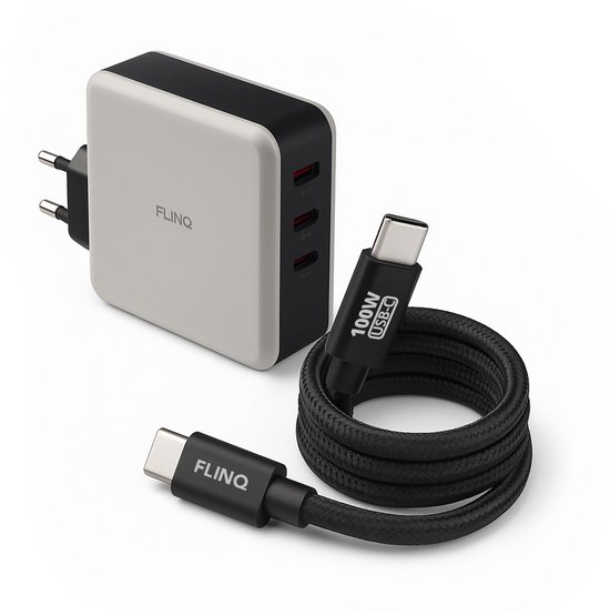 FlinQ USB C naar USB C Oplaadkabel 100W + Adapter 100W - Snellader voor Telefoon, Laptop & Tablet - Zowel Datakabel als Oplader - 2 Meter Lange Nylon Oplaadkabel