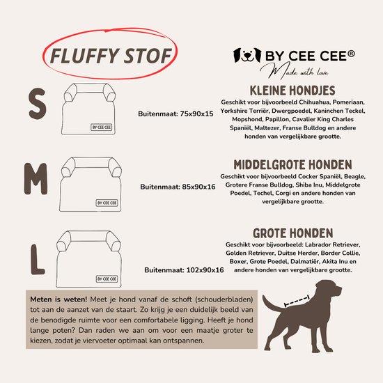Maattabel met illustraties van hondenkussens in maten S, M, L en beschrijvingen van geschikte hondenrassen. 'Fluffy stof' en 'By Cee Cee' logo.