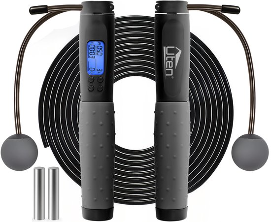 Uten - 2-in-1 Professioneel Springtouw Set - 2 Verschillende Soorten - Touw en Draadloos Springtouw - Springtouw Met Teller - Voor Volwassenen en Kinderen - Verstelbaar - Speedrope - Jump Rope - Zwart Grijs (5 Kleuren)