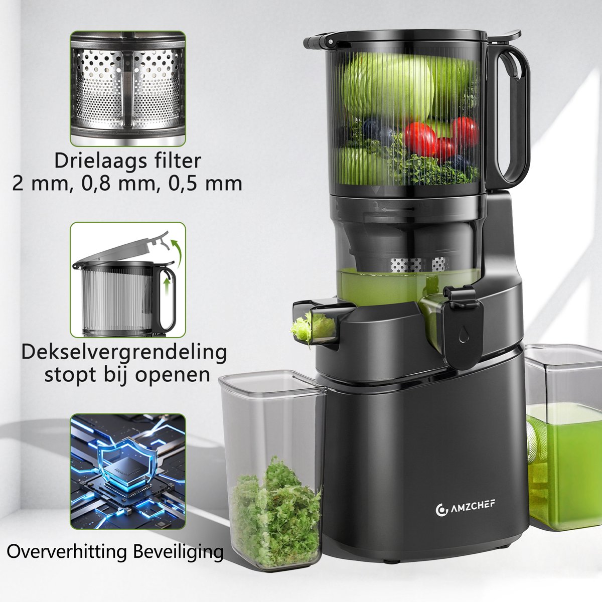AMZCHEF Slowjuicer - 135MM Extra Grote Vulopening - Zwart thumbnail 4
