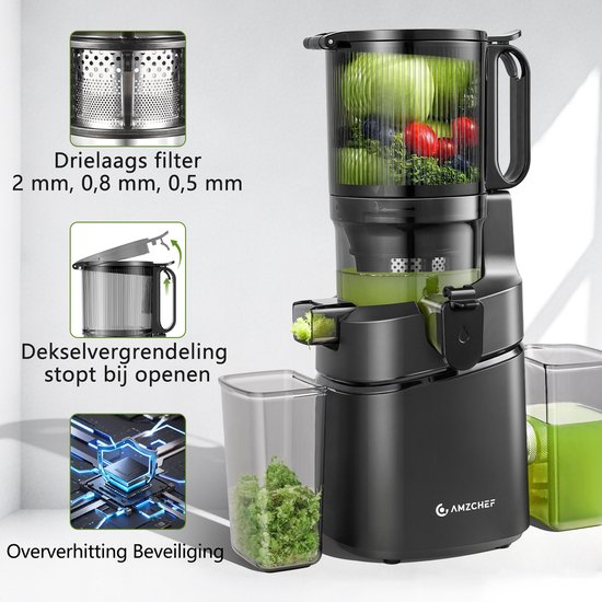 AMZCHEF Slowjuicer - 135MM Extra Grote Vulopening - 1800ml Sapcentrifuge voor Groenten en Fruit - Drievoudig Filtersysteem - Zwart van AMZCHEF — afbeelding 3