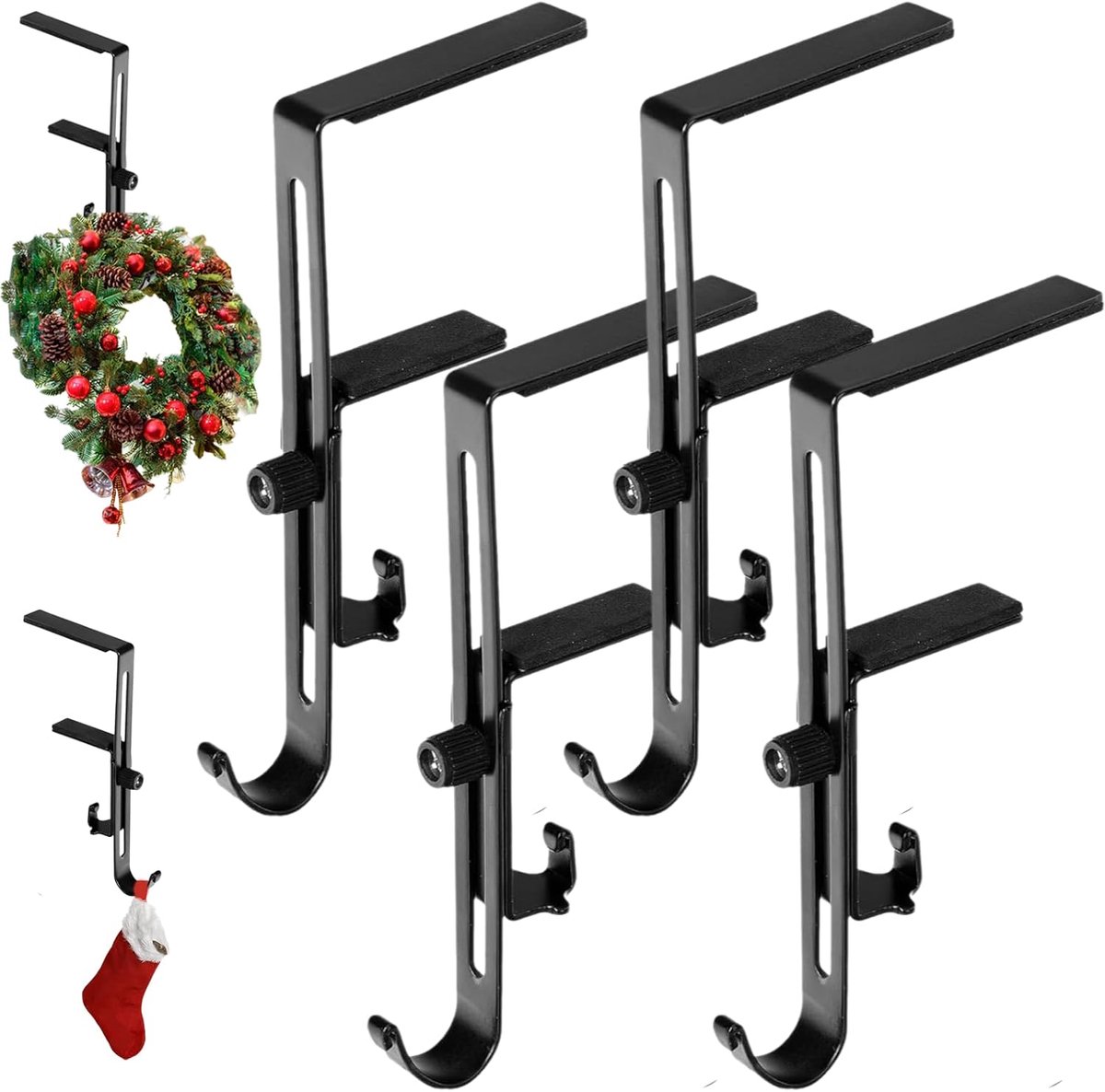 4 Stuk 2025 nieuwe haardkous- en guirlandehangers - 2-in-1 guirlande- en kousenhangers - Kerstkoushanger voor buiten - Geen boren vereist - Geschikt voor kerstkousen en kerstkransdecoraties - Zwart