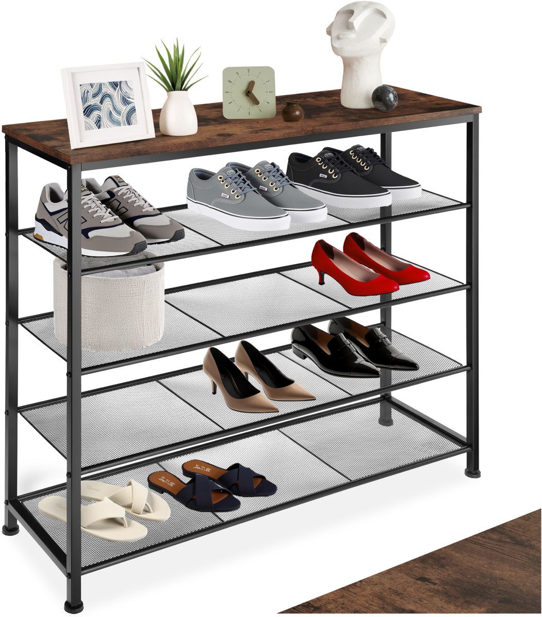 tectake® Smalle Schoenenkast met Opbergruimte – Hout & Metaal, Industriële Stijl, 5 Niveaus, 4 Roosterplanken, 100x30,5x93 cm – Industrial Dark Brown