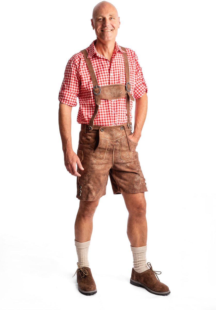 Samex® Lederhosen Man - Oktoberfest Kostuum Heren - Korte Lederhose - Geitenleer - Verkleedkleren mannen - Carnavalskleding - Bruin - Maat 48 (M)