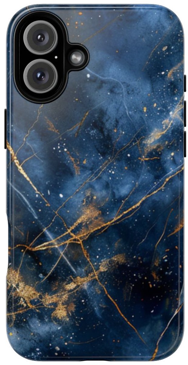 Blauw Marmerpatroon met Gouden Adering – Telefoonhoesje Geschikt voor iPhone 16 Plus