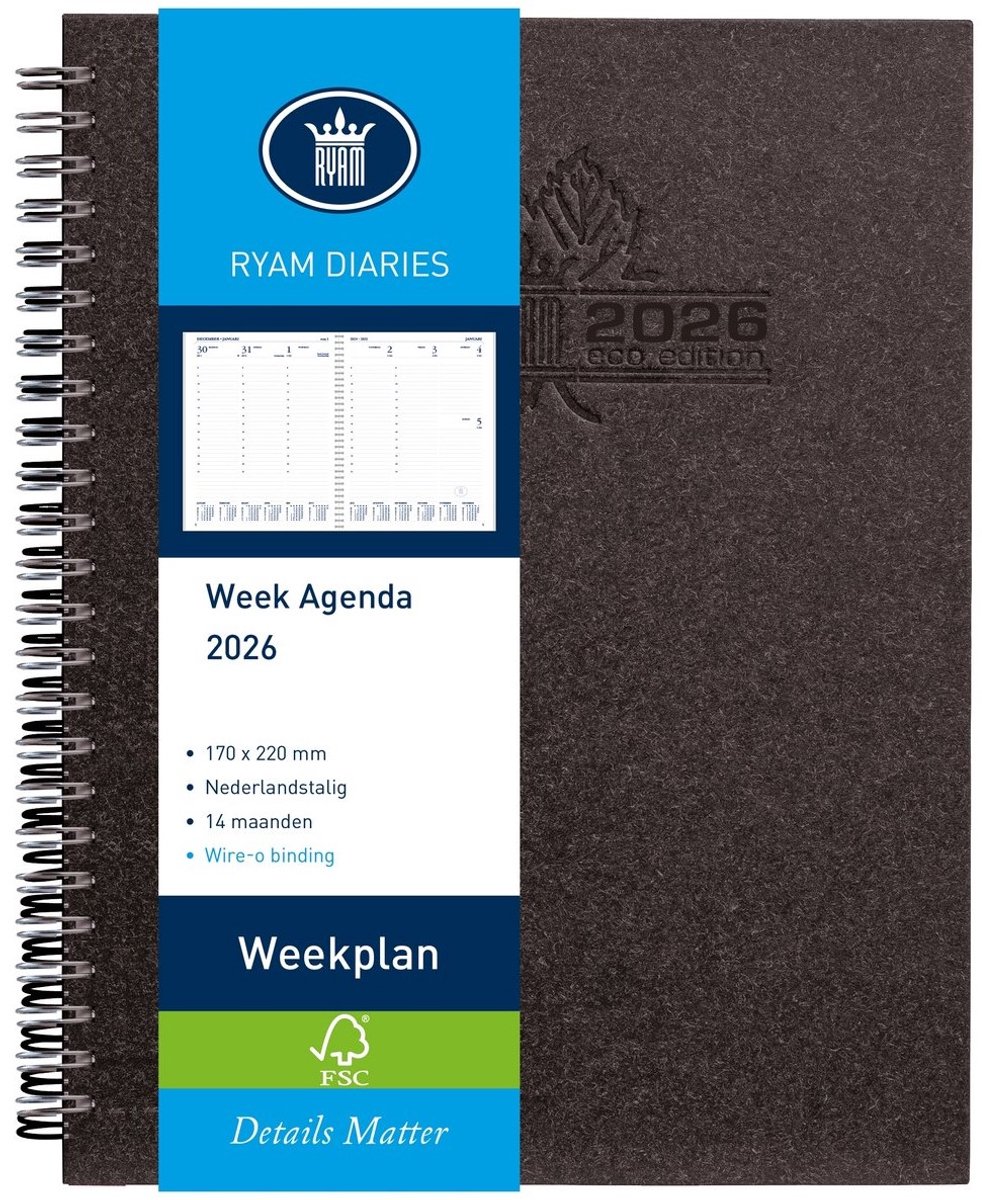 Ryam Weekplan Wire-O Wit NL Eco - Agenda 2026 - A5 - Zwart - Week op 2 pagina's - Hardcover
