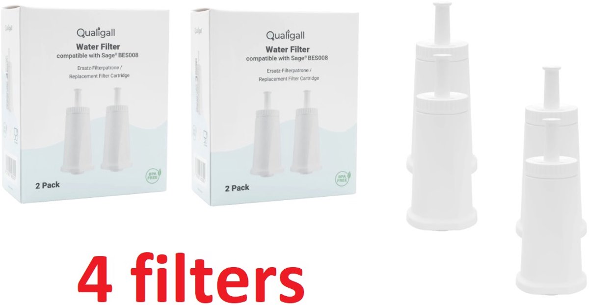 4x Qualigall waterfilter compatibel met SAGE : Bambino / Bambino Plus / Barista / Barista Impress / Barista Pro / Barista Touch / Barista Touch Impress / Dual Boiler / Duo Temp Pro / Dynamic Duo / Oracle / Oracle Touch / Precision Brewer / SES008