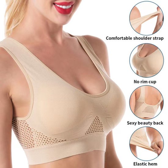 Beige sportbeha met comfortabele bandjes, geen beugel, sexy beauty back en elastische zoom. Mesh details.