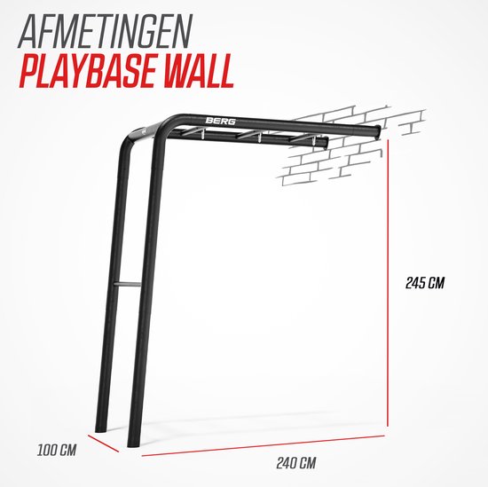 Zwart metalen speelrekframe met afmetingen van 240 cm breed, 100 cm diep en 240 cm hoog, gemonteerd aan een muur.