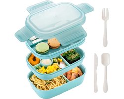 Lunchbox-lunchbox kinderen-lunchbox volwassenen-stapelbare Bento Lunchbox - 3-laags stapelbare Bento Lunchbox - Volwassenen en kinderen, Ingebouwde bestekset, Lekvrije Bento Lunchbox - Perfect om uit eten te gaan, op het werk - Lichtblauw