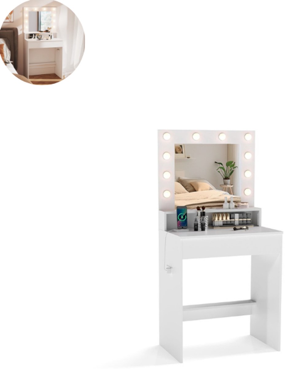 Kaptafel met spiegel en verlichting - Make up tafel - Make up - Toilettafel -Met lades - Kaptafels - Met kast - Wit