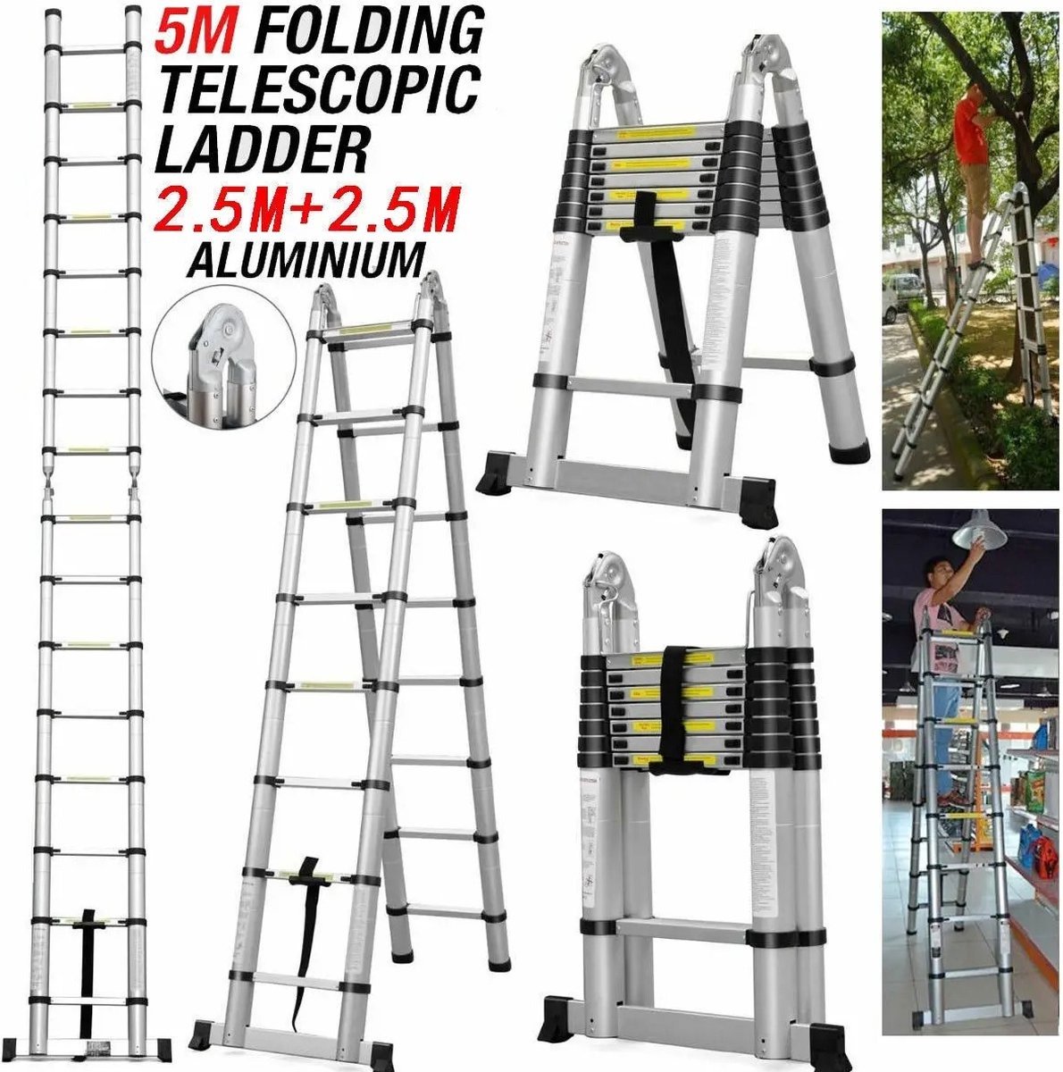 QPFO® Telescopische knikladder aluminium - vouwladder A-stand - 5 meter werkhoogte
