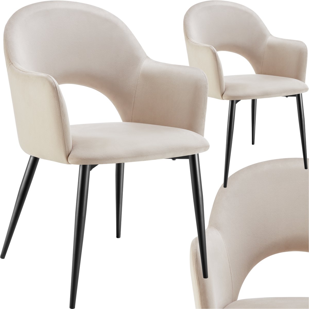 tectake® Set van 2 Eetkamerstoelen Sachel - Fluweellook Gestoffeerde Fauteuils - Keukenstoel - Ergonomische Stoelen voor Woonkamer en Keuken - Eetkamerstoel met Armleuning - 120 kg Draagkracht per Stoel - Creme